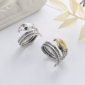 wholesale S925 Sterling Silver Distressed Feather Ring with Eagle Design, Two-Tone, Adjustable-0-0
