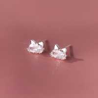 wholesale S925 Sterling Silver Single Diamond Small Cat Stud Earrings, Simple and Stylish, Versatile for Commuting, Women's Ear Jewelry M03698-S925 silver pair 925 silver
