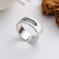 wholesale S925 sterling silver wide-band heavy-textured feather imprint open ring, European and American vintage bohemian style index finger ring-851J/approx. 5.7g>Adjustable opening