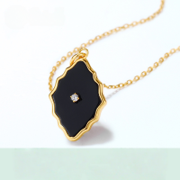 wholesale S925 silver plated with 9K gold Japanese retro-style geometric black onyx pendant women's necklace with classic mirror pattern-[Pendant does not include chain]>925 silver