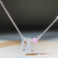 wholesale S925 Sterling Silver Rabbit Necklace for Women, Chinese Zodiac Birth Year Chain, Minimalist Pink Heart Zircon Collarbone Chain Wholesale-White-XL129 925 Silver