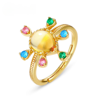 wholesale 925 Silver Japanese Retro-Style Iridescent Sky Color Palette Ring for Women, Minimalist Geometric Yellow Crystal Rainbow Ring-Synthetic citrine>Adjustable opening