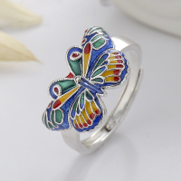 wholesale S925 metal pure vintage drip glaze butterfly fluttering three-dimensional design ethnic style luxurious open ring-YJ829/approx. 4.6g Adjustable opening