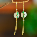 wholesale 925 Sterling Silver Enamel Bamboo Leaf and Hetian Jade Earrings with Certificate, New Chinese Style Ancient Long Tassel Ping An Kou-0-0