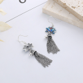 wholesale S925 Sterling Silver Retro Style Enameled Blue Lotus Tassel Bell Ethnic Elaborate Long Earrings-0-2