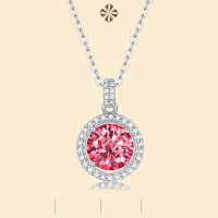 wholesale S925 Silver Women's New Round Pendant Necklace Wedding Pink Moissanite Gift Jewelry In Stock Wholesale-1 carat 925 silver