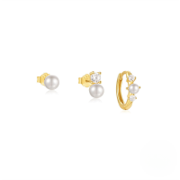 wholesale S925 Sterling Silver Classic Pearl Petal Zirconia Versatile Set Of Hoop Earrings-Set of 3 - Gold #5 925 Silver