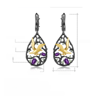 wholesale S925 sterling silver earrings with original design "Paradise of Birds", inlaid with natural topaz and garnet, black-Natural amethyst earrings