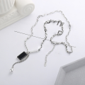wholesale S925 Sterling Silver European and American Minimalist Style Black Square Plate with English Lettering, Round Bead, Tassel Pendant, and Link Chain Trendy Necklace-0-1