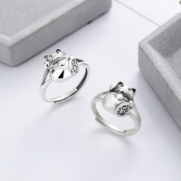wholesale S925 sterling silver vintage antique matte finish cute lucky cat 3D design versatile open ring-YJF770/Aged about 4.1g>925 silver