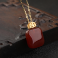 wholesale 925 Silver Gold-Plated Certified Natural Red Agate Pendant with "Wushi" Plaque and Small Sugar Cube Necklace, Birthday Gift for Girlfriend-0-0