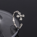 wholesale S925 Silver GothicCross Open Adjustable Ring for Women, Distressed Vintage Style Unique Statement Finger Ring-0-0