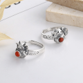 wholesale S925 Sterling Silver 3D Lucky Cat Coin Inlaid with Red Agate Ring Retro Chinese Style Index Finger Ring-0-1