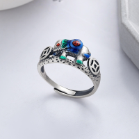 wholesale S925 silver antiqued matte finish enamel resin coin elephant ring ethnic vintage style index finger ring-792J/approx. 4.3g>Adjustable opening