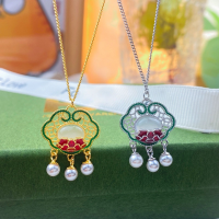 wholesale S925 Sterling Silver Enamel-Inlaid White Chalcedony Ruyi Lock Pearl Necklace for Women, Fashionable Ethnic Style Niche Design-Enamel Pearl Safety Lock - Gold &gt; 925 Silver