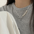 wholesale S925 Sterling Silver Natural Baroque Pearl Heavy Work Square Pendant Necklace for Women, Korean Minimalist Style Collarbone Chain-0-2