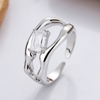 wholesale S925 Sterling Silver Korean Style Ins Geometric Irregular Zircon Double Layer Hollow Geometric Trendy Open Ring-DJ1165F/approx. 3.9g  Adjustable opening