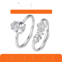 wholesale S925 Silver Two-Piece Set Teardrop Moissanite Ring with Striped Stackable Ring, Amazon's Hot Seller-Platinum 2 carats (with certificate)  9 US