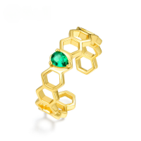 wholesale S925 silver Japanese lightweight luxury geometric bee open ring for women, Mori girl style romantic small bee with green zirconia-Nano green zirconium opening adjustable