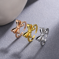 wholesale Metal material: 925 silver Korean-style fashionable and versatile bow open ring, ins design, simple and elegant index finger ring-Platinum-Copper Plated Platinum