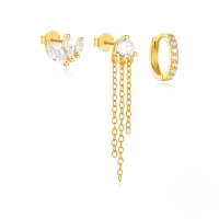 wholesale 925 Sterling Silver Marquise Petal Tassel Zircon Earring Set,-3-piece set Gold#1 925 silver
