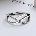 wholesale S925 Silver Korean-style Vintage Distressed Cross-wrapped Black Zircon Adjustable Open Ring for Women-0-2