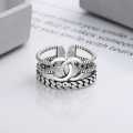 wholesale S925 Sterling Silver Korean Style Chain Ring Holder with Letter C Splice Creative Trendy Hip-Hop Open Ring-0-1