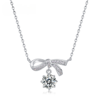 wholesale Metal Material: S925 Silver European and American fashion versatile full diamond bow necklace, lightweight luxury style, set with moissanite, cross-border supply for women-Moissanite (round 6.5*6.5MM/1CT) 925 silver