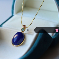 wholesale S925 Silver Natural Royal Lapis Lazuli Candy Tourmaline Pendant with Lapis Cabochon New Chinese Style Necklace-Lapis Lazuli Candy Tourmaline Pendant 925 Silver