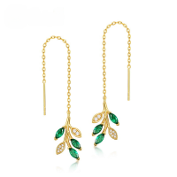 wholesale Gold-plated 925 Silver with Light Luxury Nano Green Zircon Leaf and Olive Branch Colorful Zircon Earrings for Women, Versatile Wholesale-925 silver