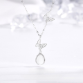 wholesale S925 Silver Floral Butterfly Secret Realm Necklace for Women, Ethereal and Niche, Exquisite and Versatile, Double Butterfly Pendant Necklace with Chalcedony-0-0
