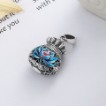 wholesale Silver S990, vintage antique style, resin enamel, lotus flower,, money bag shape, ethnic style pendant-0-1