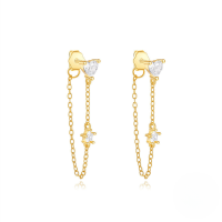 wholesale S925 Sterling Silver Single Zircon Fringe Chain Back Earring,-Gold#1 925 Silver