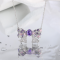 wholesale S925 Sterling Silver Super Fairy Bow Dreamy Pink Purple Diamond Necklace Fashionable Elegant Sweet and Edgy Style Exquisite Collarbone Chain-0-0