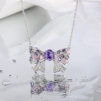 wholesale S925 Sterling Silver Super Fairy Bow Dreamy Pink Purple Diamond Necklace Fashionable Elegant Sweet and Edgy Style Exquisite Collarbone Chain-XB021-white gold