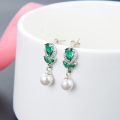 wholesale S925 Sterling Silver Floral Pearl Earrings for Women, Vintage French Style with Shell Pearls, Emerald Green Zircon Ear Accessories-0-1