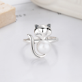 wholesale S925 Sterling Silver Cute and Fresh Ins Style Playful Kitten Design with Pearl Accent Open Ring-0-0