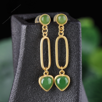 wholesale 925 silver gold-plated, Chinese-style palace vintage jade earrings with certificate, Hetian jade earrings-Jasper about 6*6mm 925 silver