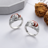 wholesale S990 Sterling Silver Vintage Antique Craft Lotus Flower Southern Red Agate Pattern Ethnic Bohemian Versatile Adjustable Open Ring-YJ949M/matt finish about 6.1g>Adjustable opening