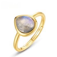 wholesale S925 gold-plated silver, Japanese new fashionable and simple teardrop-shaped natural labradorite ring for women, versatile and trendy-Labradorite Adjustable opening