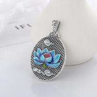 wholesale Sterling silver Yunchao Xuan S990 vintage ethnic style cloud and lotus resin enamel pendant with Heart Sutra scripture engraving design-YP121M/Single pendant approx. 17.1g 99 silver