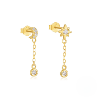 wholesale S925 Sterling Silver Eight-pointed Star With Crystal Accents, Chain Fringe, And Pearl Drop Earrings-Gold#3 925 Silver