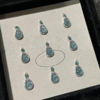 wholesale S925 Sterling Silver New Chinese Style Small Gourd Pendant Natural Weicui Blue Jadeite Fu Lu Diamond Accented Collarbone Necklace-Platinum>925 silver