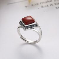 wholesale S925 Sterling Silver Retro Vintage Style Square Cut Red Agate Inlay Unique Design Fashion Niche Ring-YFJ1193/approx. 5.2g Adjustable opening