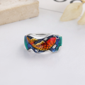 wholesale S925 Sterling Silver Vintage Literary Resin Colorful Lotus Koi Fish Six-Character Mantra Matte Adjustable Ring-0-1