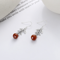 wholesale S925 Sterling Silver Vintage Pastoral Wheat Ear Long Red Agate Earrings, Ethnic Bohemian Style for Women-225FR/approximately 3.4 g/pair 925 silver