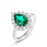 wholesale S925 Sterling Silver Gold-Plated Cross-Border New Teardrop-Shaped Lab-Grown Emerald Ring Full-Setins Ring-Cultivated Emerald Adjustable opening