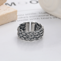 wholesale S925 Sterling Silver Vintage Distressed Handwoven Cable Wide Fashion Statement Adjustable Open Ring for Women-0-1