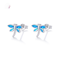 wholesale S925 silver Japanese pastoral-style dragonfly synthetic opal earrings, blue opal jewelry for women-5A Blue opal