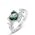 wholesale S925 Sterling Silver European and American Style Fashion Light Luxury Green Moss Ring for Women, Adjustable Aquatic Agate Heart-Shaped Finger Ring, Cross-Border Hot Seller-0-0